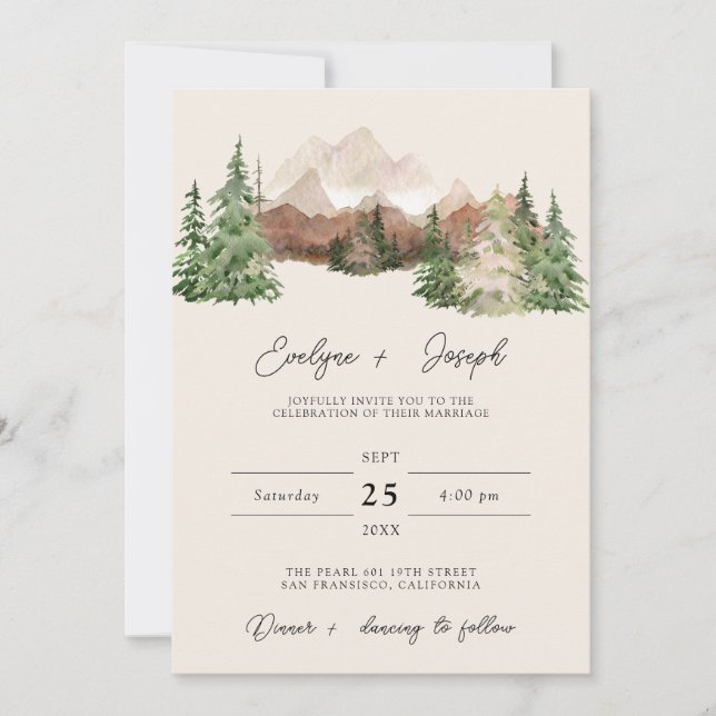 Invitación Montaña Watercolor Woodland Pine Boda (Anverso)