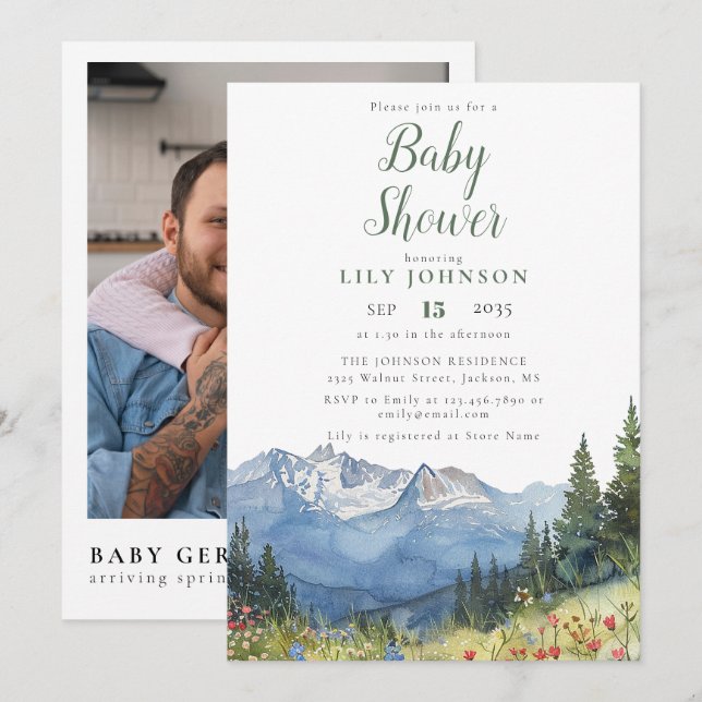 Invitación Montaña Wildflower Baby Shower Photo QR Code (Anverso / Reverso)
