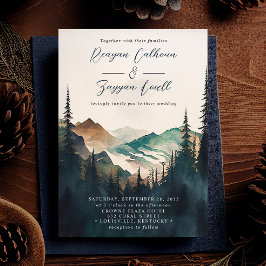 Invitación Montañas Acuarela Bosque de Pinos Guion Boda