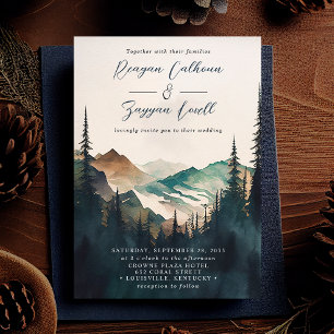 Invitación Montañas Acuarela Bosque de Pinos Guion Boda
