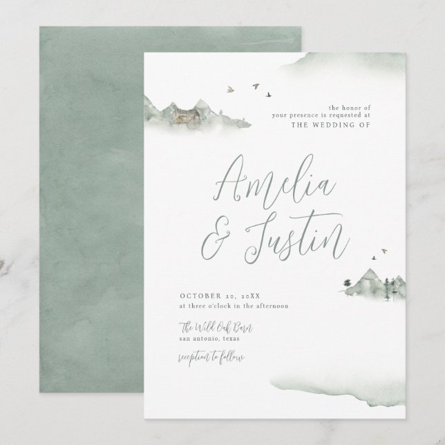 Invitación Montañas acuarelas Boda de destino al aire libre (Anverso / Reverso)