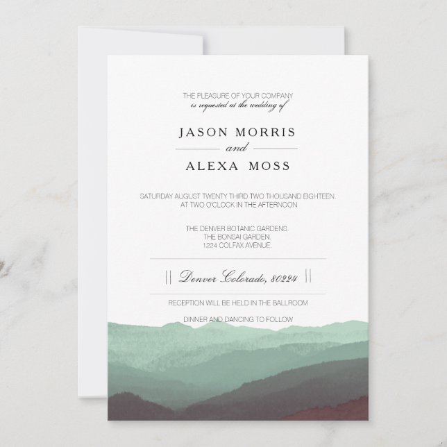 Invitación Montañas acuarelas | Boda elegante (Anverso)