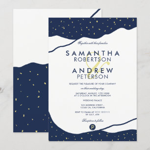 Invitación Montañas azul marino modernas boda de puntos amari