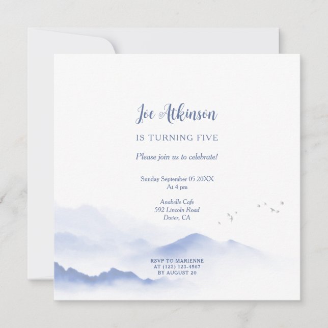 Invitación Montañas azules invitan a un cumpleaños neutral de (Anverso)