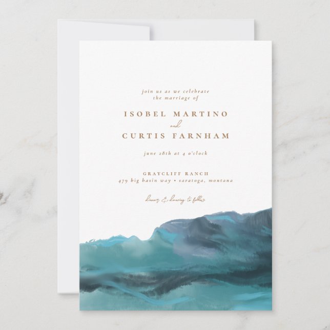 Invitación Montañas azules modernas Boda de olas oceánicas (Anverso)