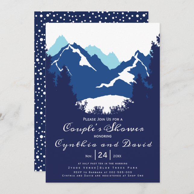 Invitación Montañas azules y coníferas duchas de parejas boda (Anverso / Reverso)