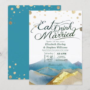 Invitación Montañas Blue Gold COME Beber & Casarse Boda