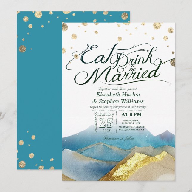 Invitación Montañas Blue Gold EAT Drink & Be Married Boda (Anverso / Reverso)