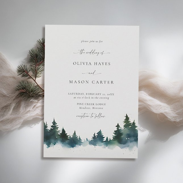Invitación Montañas Bosque al aire libre Rústico Boda moderno (mountains wedding invitation rustic outdoors forest pine scene watercolor elegant winter)