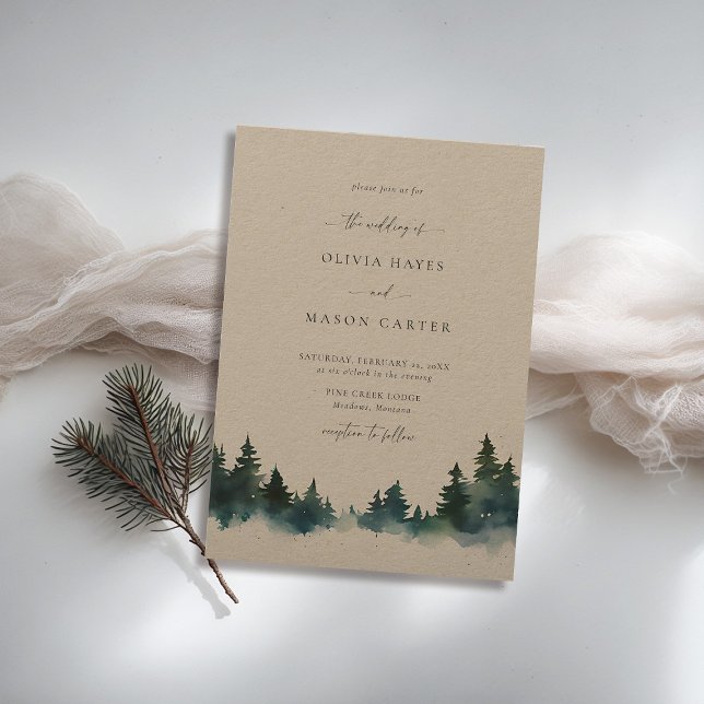 Invitación Montañas Bosque al aire libre Rústico Kraft Boda (mountains wedding invitation rustic outdoors forest pine scene watercolor elegant winter kraft)