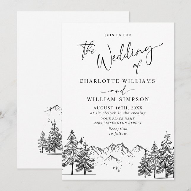 Invitación Montañas Bosque Casamiento Dibujado a Mano (Anverso / Reverso)
