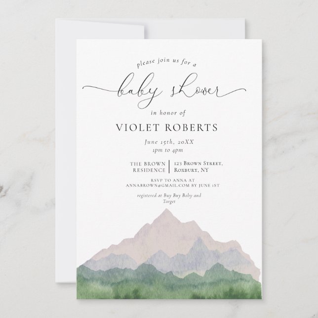 Invitación Montañas caligrafía género Baby Shower neutro (Anverso)