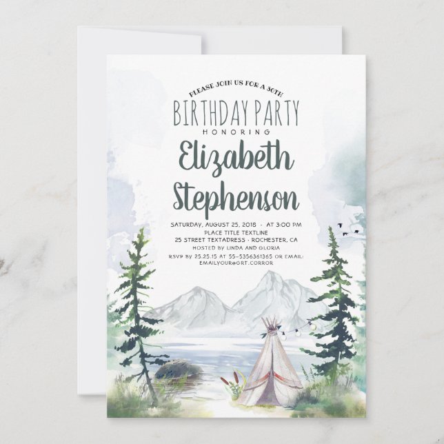 Invitación Montañas: Camping de aventura en el cumpleaños de  (Anverso)