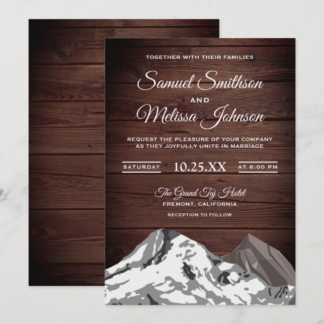 Invitación Montañas con cubierta de nieve de madera rústica i (Anverso / Reverso)