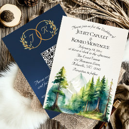 Invitación Montañas de Acuarela, Código QR y Monograma - Azul