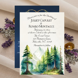 Invitación Montañas de Acuarela, Código QR y Monograma - Azul