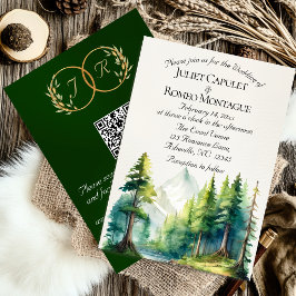 Invitación Montañas de Acuarela, Código QR y Monograma - Esme