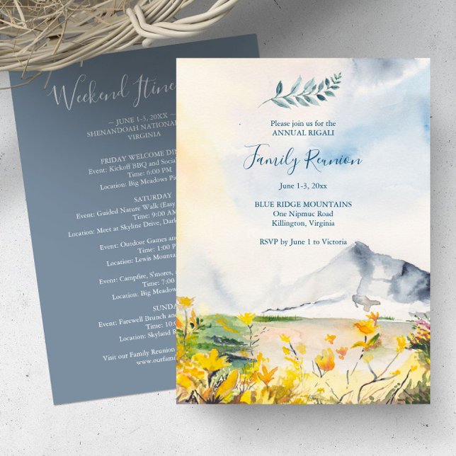 Invitación Montañas de acuarela Familia Reunión Itineraria (Family reunion invitations with itinerary watercolor blue ridge mountains yellow florals summer)