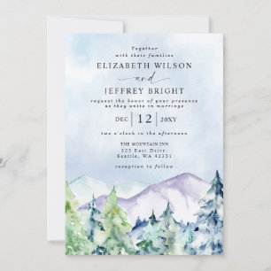 Invitación Montañas de acuarela rústica Boda de Invierno de P