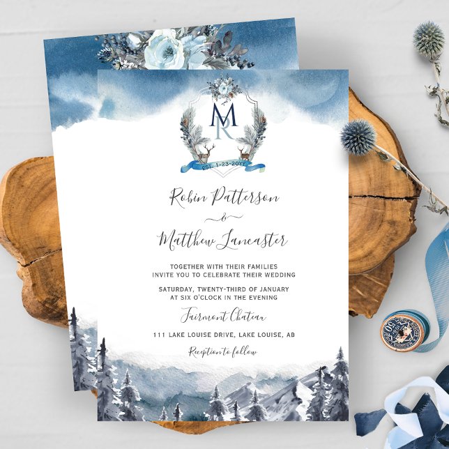 Invitación Montañas de aguas azul turbulentas y Escudo, Boda (Subido por el creador)