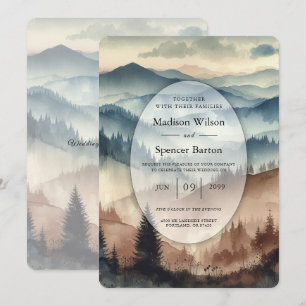 Invitación Montañas de boda de azul polvoriento y marrón moca