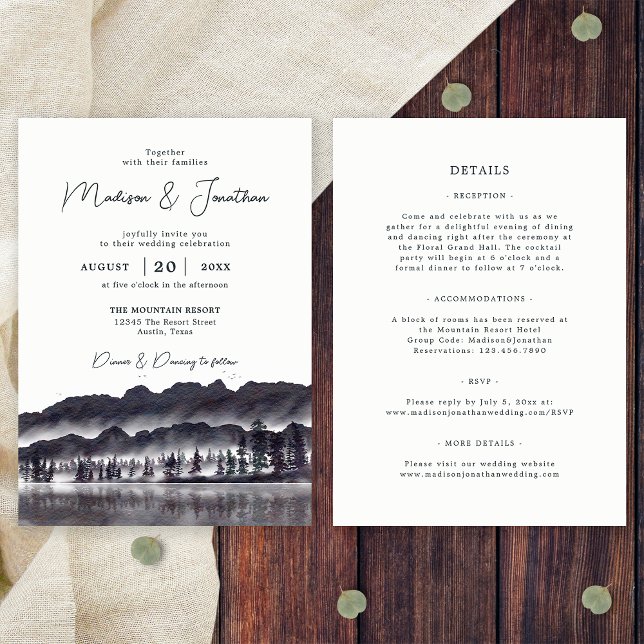 Invitación Montañas De Bosques De Pinos En Un Boda (Front/Back)