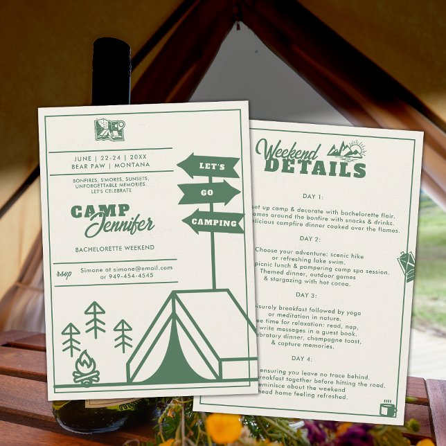 Invitación Montañas de camping Fiesta de Bachelorette Verde F (camping bachelorette weekend itinerary modern minimalist camp bride bridesmaids mountains forest)