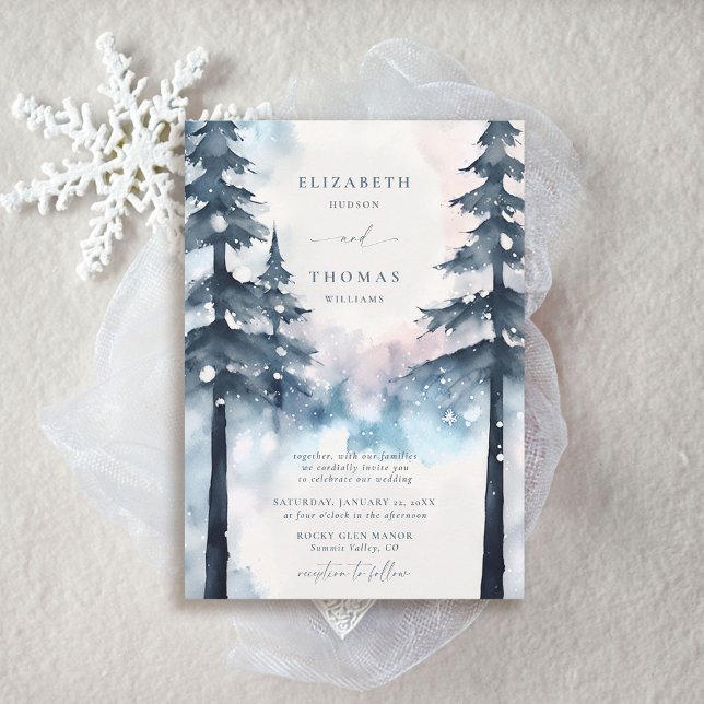 Invitación Montañas de invierno Boda elegante de pinos de nie (winter wedding invitations rustic elegant chic mountains smoky blue silver snow pine trees forest)