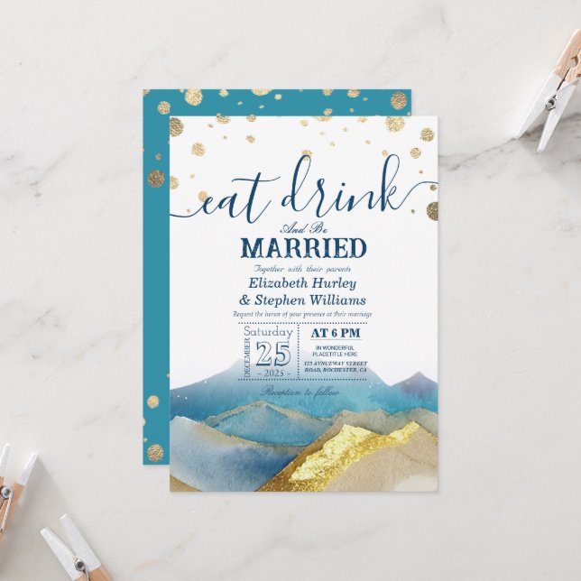 Invitación Montañas de Oro Azul COME Bebe y Cásate Boda (Anverso/Reverso In Situ)