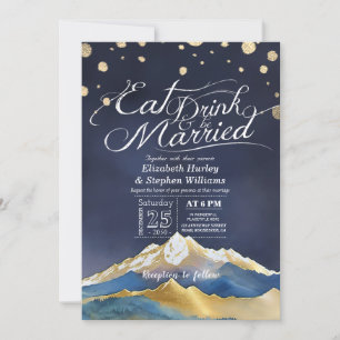 Invitación Montañas de oro azul come bebida y sé Boda casado