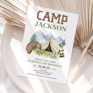 Invitación Montañas de Oso Marrón Cute Campamento Temático Pr