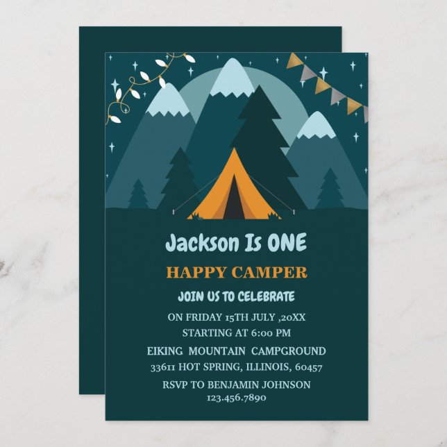 Invitación Montañas Enviando Un Camper Feliz Primer Cumpleaño (Anverso / Reverso)