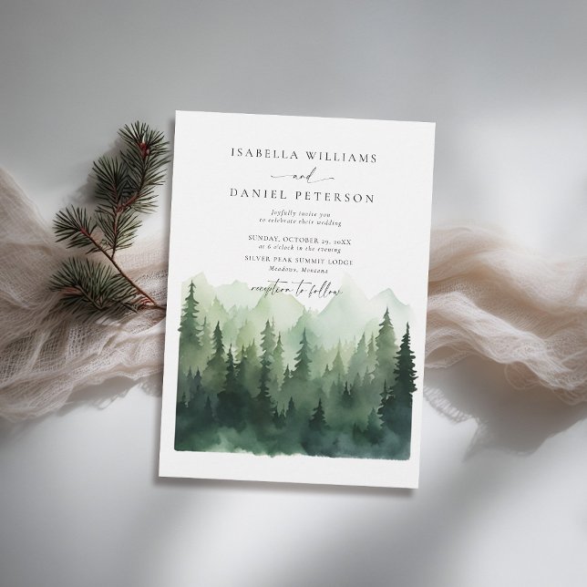 Invitación Montañas Escena forestal Rústica Boda al aire libr (mountains wedding invitation rustic outdoors forest pine scene watercolor elegant modern classy)