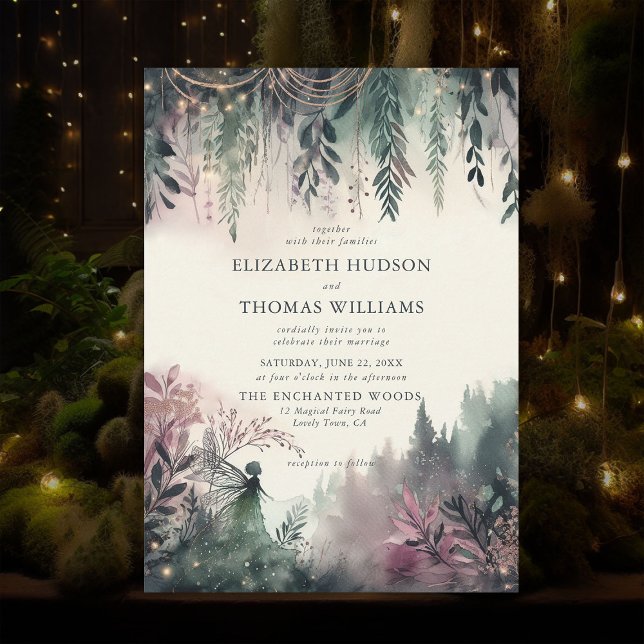Invitación Montañas forestales encantadas Boda de hadas mágic (enchanted forest fairy wedding invitation watercolor mountains woods magical fairytale emerald gold )