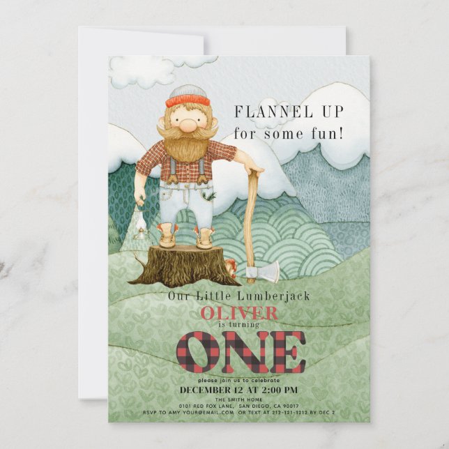 Invitación Montañas Lumberjack Buffalo Plaid 1er cumpleaños (Anverso)