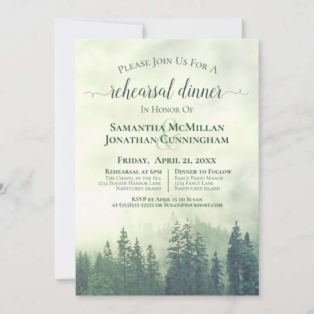 Invitación Montañas Misty Boda verde ensayo y cena (Anverso)