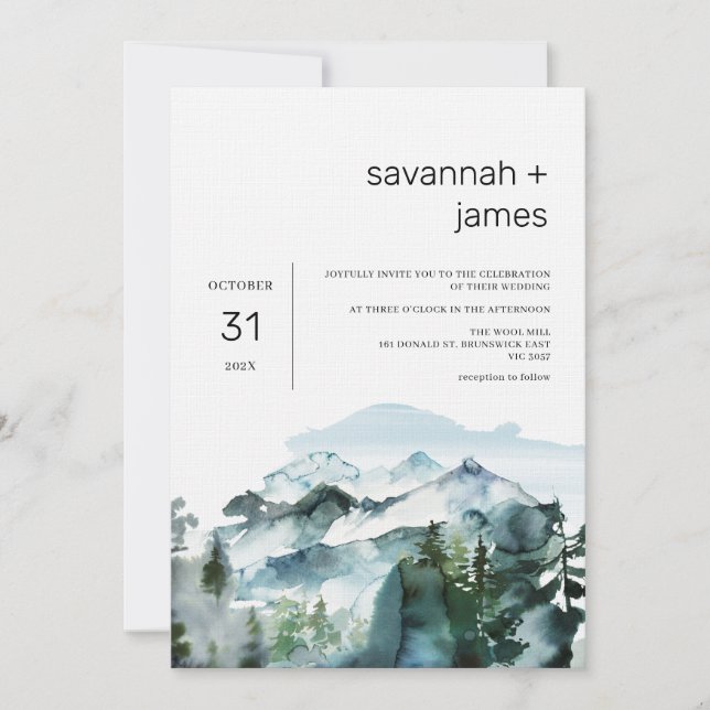 Invitación Montañas modernas Pinos Boda Minimalista (Anverso)