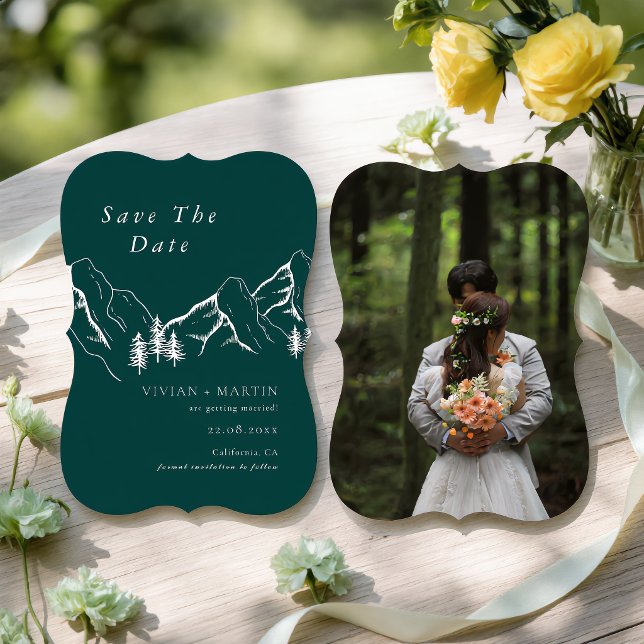 Invitación Montañas Pine Tree Emerald Photo Save the Date (Subido por el creador)