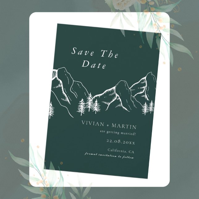 Invitación Montañas Pine Tree Emerald Photo Save the Date (Subido por el creador)