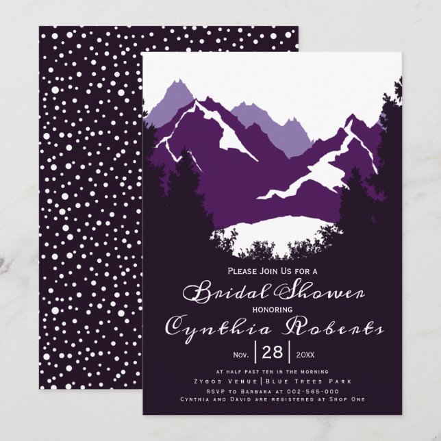 Invitación Montañas púrpura, coníferas boda ducha de novia (Anverso / Reverso)