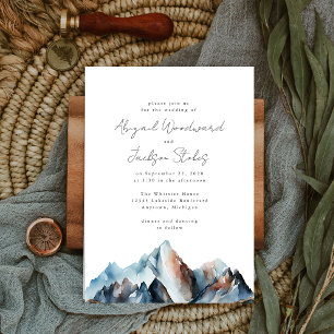 Invitación Montañas Rústicas Acuarela Azul Gris Óxido Boda