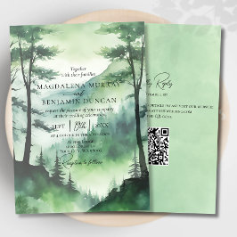 Invitación Montañas Rústicas Misty Pine Trees Boda de código 