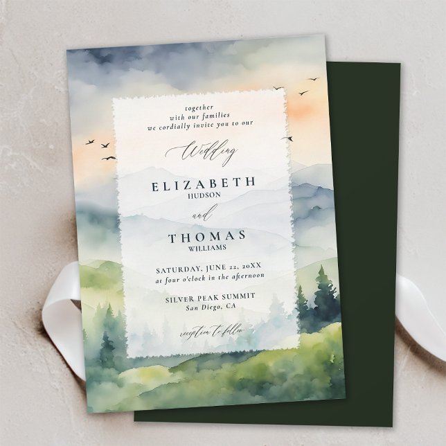Invitación Montañas Sunrise Dream Deckle Frame Boda (mountains wedding invitation romantic sunrise rustic outdoors forest pine birds landscape watercolor)