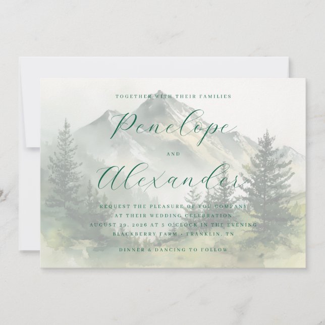 Invitación Montañas Tranquilas de Acuarela Verde (Anverso)