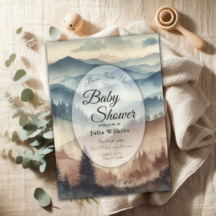 Invitación Montañas turbias azul y mocha marrón Baby Shower