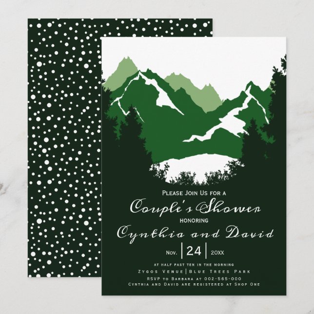 Invitación Montañas verdes, coníferas, duchas de parejas boda (Anverso / Reverso)