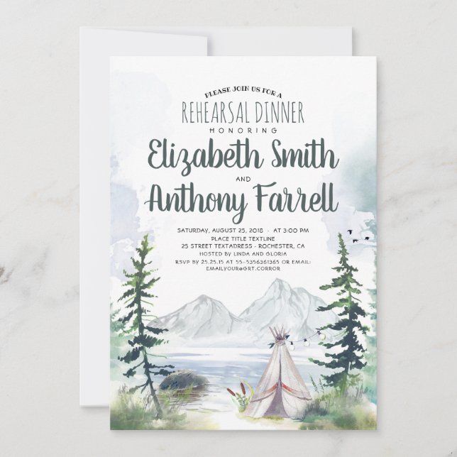 Invitación Montañas Woodsy Adventure Boho Ensayo Cena (Anverso)