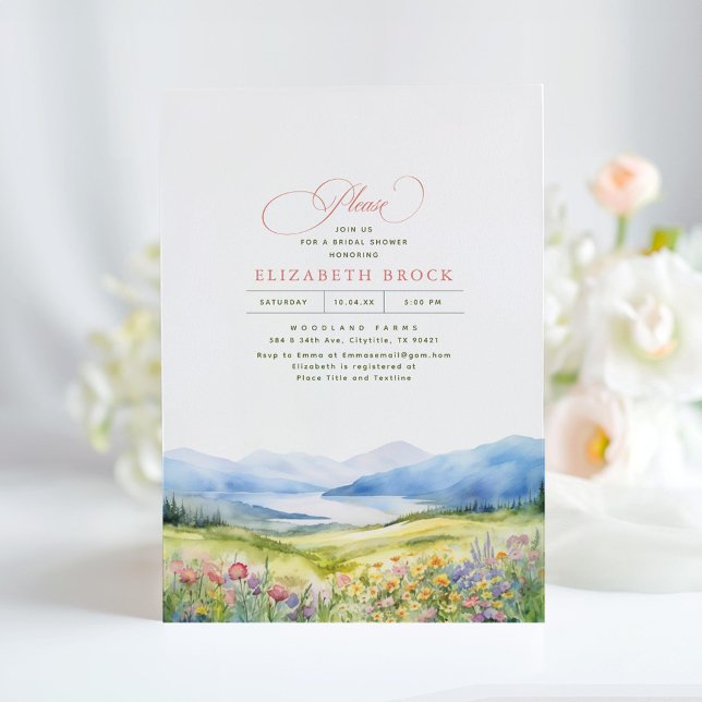 Invitación Montañas y flores silvestres elegante ducha de nov (Wildflowers and Mountains Horizons Bridal Shower Invitations)