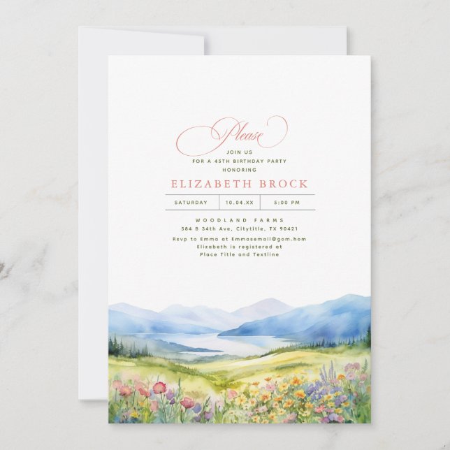 Invitación Montañas y flores silvestres Elegante fiesta de cu (Anverso)