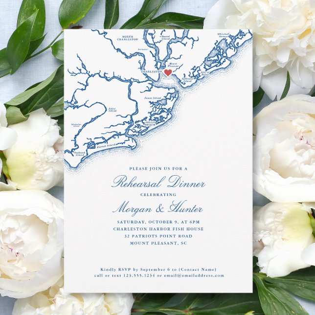 Invitación Monte Agradable Boda Azul de la Marina Ensayo Cena (Mount Pleasant SC Map Wedding Rehearsal Dinner Invitation in Elegant Navy Blue - Coastal Map Designs)